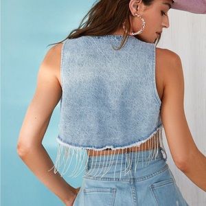 Rhinestone Fringe Denim Crop Vest (12th Tribe)